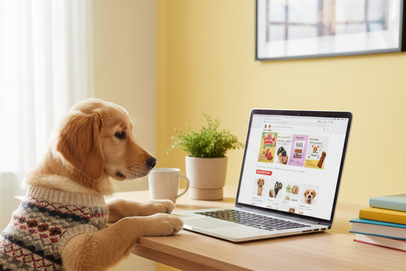 Dog shopping on a laptop