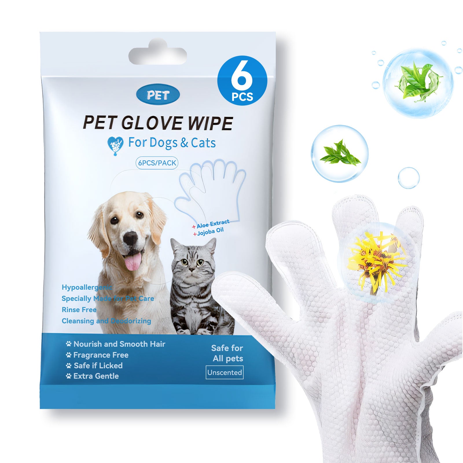 Cleaning Wipes Gloves for Dog and Cat,Pet Bathing Wipes Cleaning & Deodorizing,Dog Wipes for Body Paws Butt Daily Care,Cat Grooming Wipes Cleaning Fur Traveling Rinse Free,6Pcs-1Pack